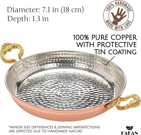 Hakan Copper Round Chef Pan | Traditional Ottoman Style Handmade Copper Frying Pan | Authentic Design Copper Cookware | Hand-Crafted Hammered Copper Sahan | Turkish Egg Omelet Skillet, 7" in Kuwait