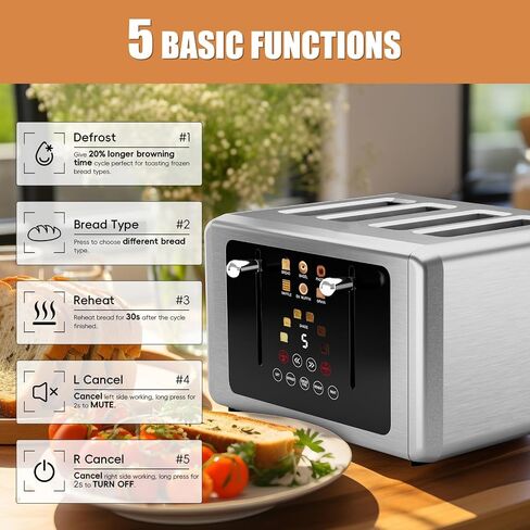 4 Slice Toaster, Touchscreen & Dual Independent Control Panel，5 Basic Functions & Digital Countdown Toasters, 6 Shade Settings＆6 Bread Types, Smart Bread Toaster Mute/Screen-Off,Silver in Saudi Arabia