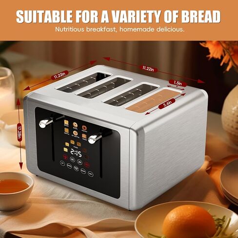 4 Slice Toaster, Touchscreen & Dual Independent Control Panel，5 Basic Functions & Digital Countdown Toasters, 6 Shade Settings＆6 Bread Types, Smart Bread Toaster Mute/Screen-Off,Silver in Saudi Arabia