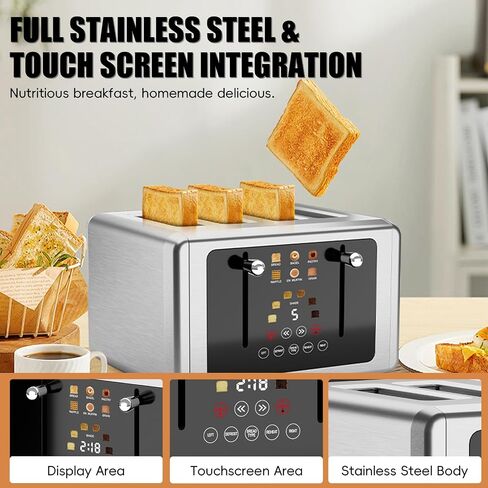 4 Slice Toaster, Touchscreen & Dual Independent Control Panel，5 Basic Functions & Digital Countdown Toasters, 6 Shade Settings＆6 Bread Types, Smart Bread Toaster Mute/Screen-Off,Silver in Saudi Arabia