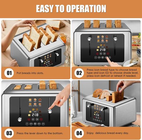 4 Slice Toaster, Touchscreen & Dual Independent Control Panel，5 Basic Functions & Digital Countdown Toasters, 6 Shade Settings＆6 Bread Types, Smart Bread Toaster Mute/Screen-Off,Silver in Saudi Arabia
