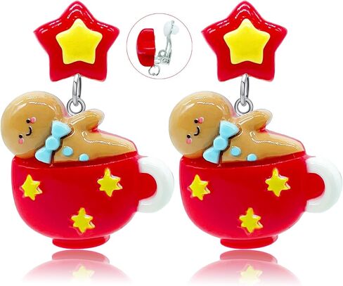 Christmas Clip On Earrings Holiday Earrings For Girls Women, Gingerbread Earrings, Christmas Tree Earrings, Santa Earrings, Jingle Bell Earrings, Snowman Earrings for Kids, Dangle Earrings For in Saudi Arabia