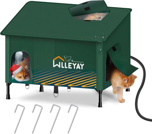 Upgraded Extra Large Size Heated Cat House for Outside Winter, 24.5'' Insulated Outdoor Weatherproof Elevated Cat Shelter with Heater, Waterproof Cover, Roof Window for Feral Barn Cat Stray Kitty in Saudi Arabia