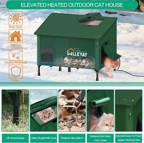 Upgraded Extra Large Size Heated Cat House for Outside Winter, 24.5'' Insulated Outdoor Weatherproof Elevated Cat Shelter with Heater, Waterproof Cover, Roof Window for Feral Barn Cat Stray Kitty in Saudi Arabia