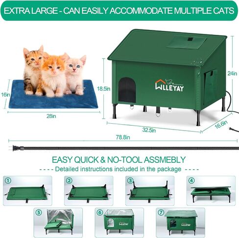 Upgraded Extra Large Size Heated Cat House for Outside Winter, 24.5'' Insulated Outdoor Weatherproof Elevated Cat Shelter with Heater, Waterproof Cover, Roof Window for Feral Barn Cat Stray Kitty in Saudi Arabia