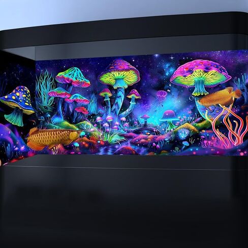 30X18IN Blacklight Mushroom Black Light Aquarium Background UV Background Starry Sky Moonlight Terrarium Colorful Mushroom Background with 10 EVA Double-Sided Tape in Saudi Arabia