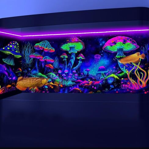 30X18IN Blacklight Mushroom Black Light Aquarium Background UV Background Starry Sky Moonlight Terrarium Colorful Mushroom Background with 10 EVA Double-Sided Tape in Saudi Arabia