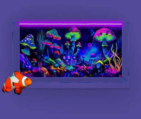 30X18IN Blacklight Mushroom Black Light Aquarium Background UV Background Starry Sky Moonlight Terrarium Colorful Mushroom Background with 10 EVA Double-Sided Tape in Saudi Arabia