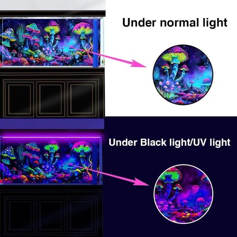 30X18IN Blacklight Mushroom Black Light Aquarium Background UV Background Starry Sky Moonlight Terrarium Colorful Mushroom Background with 10 EVA Double-Sided Tape in Saudi Arabia