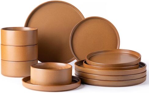 Ceramic Dinnerware Sets of 4, High Edge Stoneware Plates and Bowls Set, Chip and Crack Resistant | Oven & Dishwasher & Microwave Safe Dishes Set, Service for 4 -Caramel in Kuwait