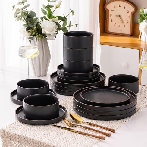 Ceramic Dinnerware Sets of 4, High Edge Stoneware Plates and Bowls Set, Chip and Crack Resistant | Oven & Dishwasher & Microwave Safe Dishes Set, Service for 4 -Caramel in Kuwait
