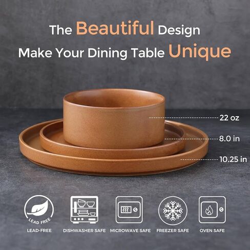 Ceramic Dinnerware Sets of 4, High Edge Stoneware Plates and Bowls Set, Chip and Crack Resistant | Oven & Dishwasher & Microwave Safe Dishes Set, Service for 4 -Caramel in Kuwait