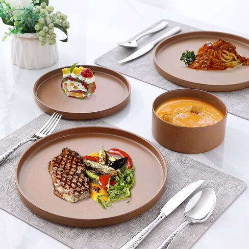 Ceramic Dinnerware Sets of 4, High Edge Stoneware Plates and Bowls Set, Chip and Crack Resistant | Oven & Dishwasher & Microwave Safe Dishes Set, Service for 4 -Caramel in Kuwait