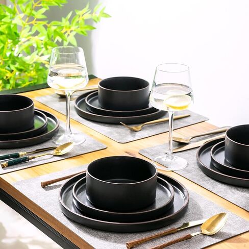 Ceramic Dinnerware Sets of 4, High Edge Stoneware Plates and Bowls Set, Chip and Crack Resistant | Oven & Dishwasher & Microwave Safe Dishes Set, Service for 4 -Caramel in Kuwait