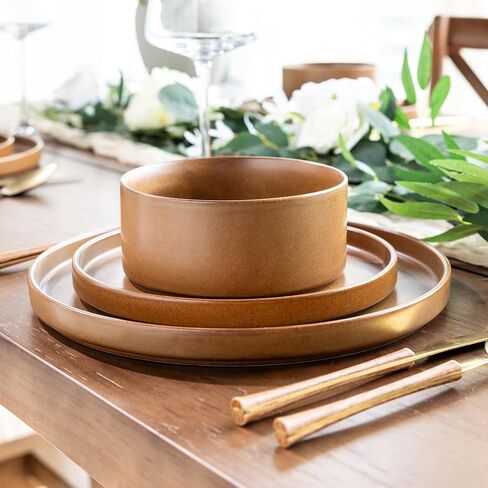 Ceramic Dinnerware Sets of 4, High Edge Stoneware Plates and Bowls Set, Chip and Crack Resistant | Oven & Dishwasher & Microwave Safe Dishes Set, Service for 4 -Caramel in Kuwait
