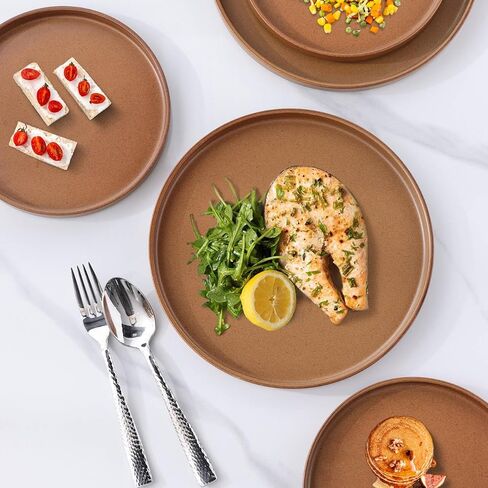 Ceramic Dinnerware Sets of 4, High Edge Stoneware Plates and Bowls Set, Chip and Crack Resistant | Oven & Dishwasher & Microwave Safe Dishes Set, Service for 4 -Caramel in Kuwait