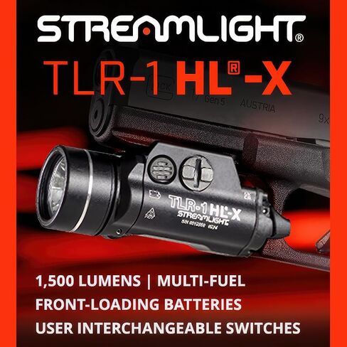Streamlight 69501 TLR-1 HL-X USB 1500 لومن مصباح سلاح مثبت على السكك الحديدية قابل لإعادة الشحن، يتضمن مفاتيح تحديد موقع السكك الحديدية لنمط Glock، Picatinny، Beretta 90two، S&W 99، S&W tsw، وSig Sauer P320، أسود in Saudi Arabia