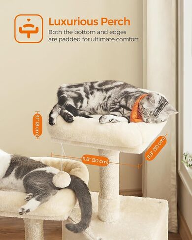 برج القطط فيندريا، شجرة القطط للقطط الداخلية، شقة قطط مقاس 45.3 بوصة مع عمود خدش، منحدر، جثم، كهف واسع للقطط، للقطط الصغيرة، القطط المسنة، القطط البالغة، مساحة صغيرة، أبيض كريمي UPCT141W02 in Kuwait