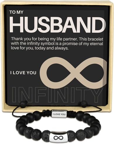 Infinity Beaded Bracelet - Birthday, Christmas, Anniversary Gifts for Men - Genuine 8mm Lava Stone and Onyx - Unique Gifts for Husband, Boyfriend, Son, Dad, Grandson, Man (To My Husband) in Saudi Arabia