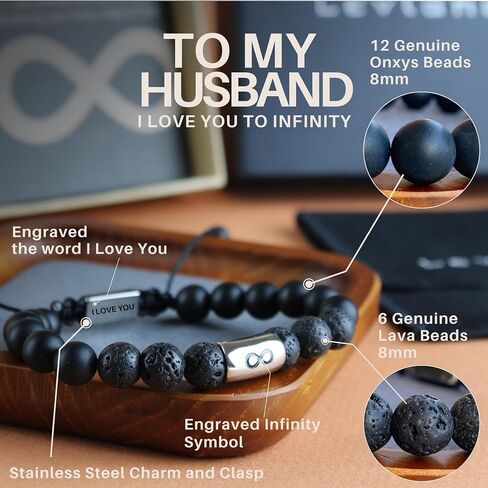 Infinity Beaded Bracelet - Birthday, Christmas, Anniversary Gifts for Men - Genuine 8mm Lava Stone and Onyx - Unique Gifts for Husband, Boyfriend, Son, Dad, Grandson, Man (To My Husband) in Saudi Arabia