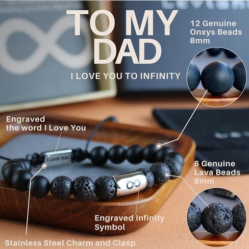 Infinity Beaded Bracelet - Birthday, Christmas, Anniversary Gifts for Men - Genuine 8mm Lava Stone and Onyx - Unique Gifts for Husband, Boyfriend, Son, Dad, Grandson, Man (To My Husband) in Saudi Arabia