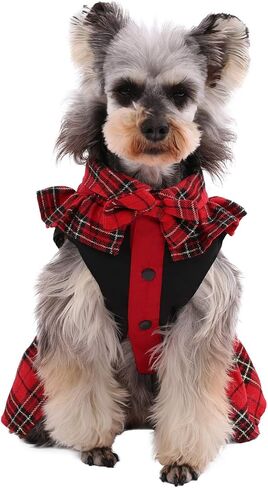 Kuoser Dog Classic Red Plaid Dress for Small Medium Dogs, Puppy Bowknot Tutu Dress with D-Ring Buckle, Cute Pet Vest Dog Princess Skirt for Wedding Holiday Party Photography M in Kuwait