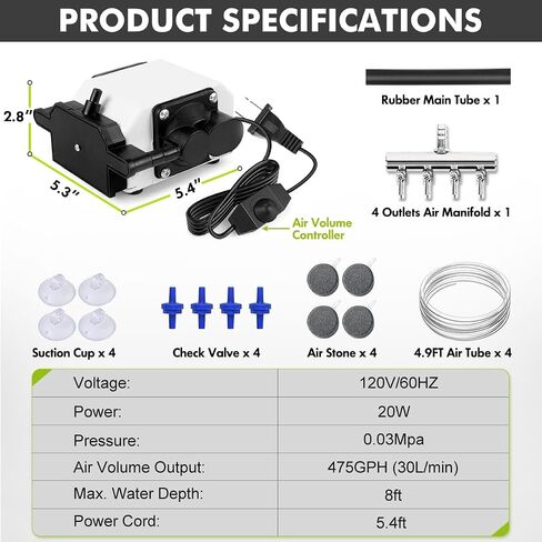 Air Pump for Aquariums and Hydroponic Systems with Air Flow Control Lever Valve, Adjustable Airflow Fish Tank 475GPH Air Pump 20W 30L/min (475GPH, 20W) in Saudi Arabia