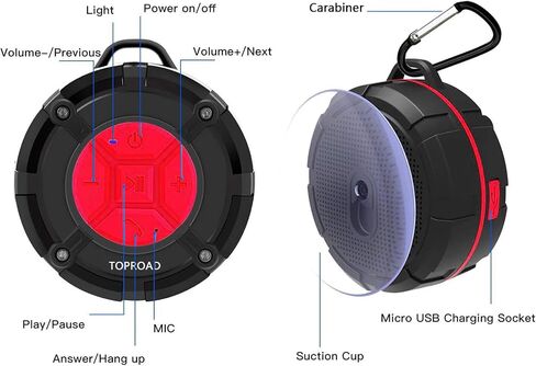 TOPROAD Portable Shower Speaker, IPX7 Waterproof Wireless Outdoor Speaker with HD Sound, 2 Suction Cups, Built-in Mic, Hands-Free Speakerphone for Bathroom, Pool, Beach, Hiking, Bicycle(Red) in Kuwait