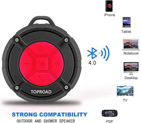 TOPROAD Portable Shower Speaker, IPX7 Waterproof Wireless Outdoor Speaker with HD Sound, 2 Suction Cups, Built-in Mic, Hands-Free Speakerphone for Bathroom, Pool, Beach, Hiking, Bicycle(Red) in Kuwait