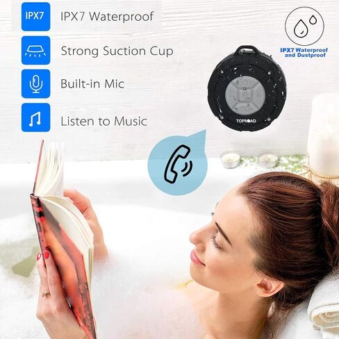 TOPROAD Portable Shower Speaker, IPX7 Waterproof Wireless Outdoor Speaker with HD Sound, 2 Suction Cups, Built-in Mic, Hands-Free Speakerphone for Bathroom, Pool, Beach, Hiking, Bicycle(Red) in Kuwait