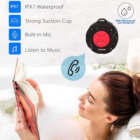 TOPROAD Portable Shower Speaker, IPX7 Waterproof Wireless Outdoor Speaker with HD Sound, 2 Suction Cups, Built-in Mic, Hands-Free Speakerphone for Bathroom, Pool, Beach, Hiking, Bicycle(Red) in Kuwait