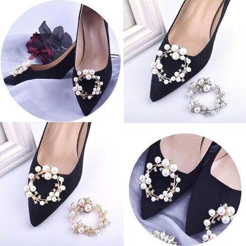 MIAO JIN 4Pcs Elegant Round pearls Rhinestone Shoe Buckles Sparkling Crystal Wedding Shoe Clips Metal Shoe Clips Party Decoration Set （2sets in Kuwait
