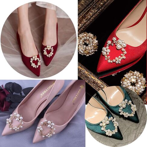 MIAO JIN 4Pcs Elegant Round pearls Rhinestone Shoe Buckles Sparkling Crystal Wedding Shoe Clips Metal Shoe Clips Party Decoration Set （2sets in Kuwait