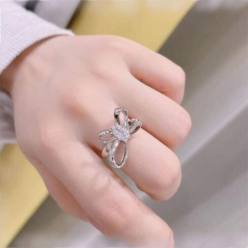 Dainty Butterfly Ring for Women, Sterling Silver Bowtie Ring CZ Eternity Bands Promise Ring for Teen Girls Gold Wedding Ring Adjustable Size in Kuwait