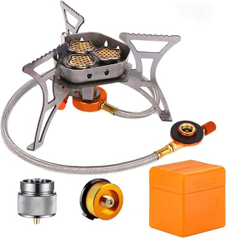 SVNVIOZ Camping Stove, Windproof Backpacking Stove with 3 Burner Cores, Piezo Ignition, Storage Box, 2 Types Fuel Canister Adapters, Camping Gear Portable Stove for Outdoor Camping Hiking Cooking in Saudi Arabia