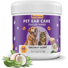 Pet Ear Cleaning Finger Wipes - Cat & Dog Ear Cleaner Wipes - Gently Cleans Ear Wax & Debris - Relieve Itching & Inflammation- Dog Wipes Cleaning Deodorizing - Coconut Scent(60 Counts)