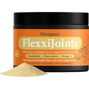 NZorganix FlexxiJoints 100% مسحوق بلح البحر النيوزيلندي الأخضر، تركيبة لدعم الورك والمفاصل للكلاب والقطط، مع الجلوكوزامين والكوندرويتين 100 جرام (300 وجبة)