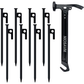 8pcs 9.8in Tent Stakes and 28cm Hammer Set,Camping Accessories,Sturdy Durable, Comes with Storage Bag and Stakes Protective Cap (8pcs 9.8in Stakes +11in Hammer)