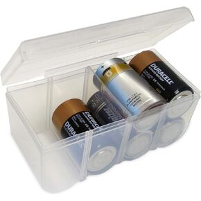 Home-X D Battery Storage Case - Clear, See-Through, Water Resistant D Battery Holder - Easy Access D Cell Battery Holder with Handle - Battery Organizer Storage Case Fits Up to 8 D Batteries