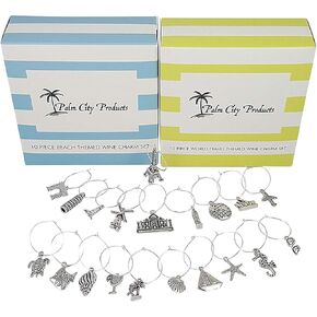 Palm City Products Two Unique Wine Charm Sets - 20 Pieces Total, Beach and World Traveler Themes