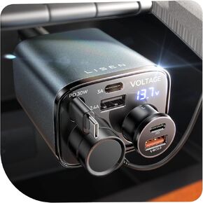 LISEN 5-in-1 Car Cigarette Lighter Splitter, 140W 2-Socket Cigarette Lighter Adapter With PD 30W Retractable Car Charger, Aluminum 12V/24V Car Charger Splitter for iPhone 16 15, GPS, DashCam, Detector
