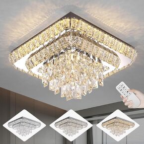 Elegant LED Crystal Raindrop Ceiling Light, 24 in Square Flush Mount Chandelier with Remote for Living Room Kitchen Island Bedroom Hallway Entryway Foyer (Dimmable)