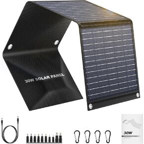 Powkey 30W Portable Solar Panel, Foldable Solar Charger with QC 3.0 USB - A USB -C & DC Output, Solar Battery Charger for Portable Power Station, Power Bank, Cell Phone, iPad, RV, Camping, Hiking