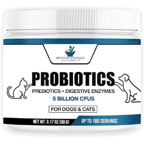 American Standard Supplements Probiotics for Dogs & Cats with Prebiotics & Digestive Enzymes, 5 Billion CFU, 9 Strains, 3.17oz (90g), 180 Servings - Dog & Cat Probiotics for Gut Health & Digestion