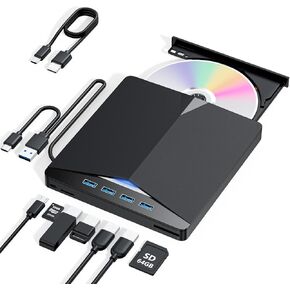 External CD/DVD Drive for Laptop, 7-in-1 DVD Player for Laptop USB 3.0 Portable Burner with SD/TF Card Reader & 4-Port USB Hub, Compatible with Windows, Mac OS, Linux (7 in 1)