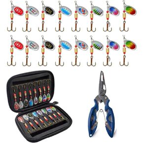 Fishing Lures Spinnerbait: 16PCS Spoon Lures Fishing Spinner Blades Trout Lures Metal Spinner Baits Kit Bag with Fishing Pliers