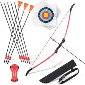 Bow and Arrow for Teens Kids Beginners Adults Longbow Kit 8 Arrows 5 Target Face Archery Recurve Bow Set Backyard Games Toys Gift for Outdoor Sports