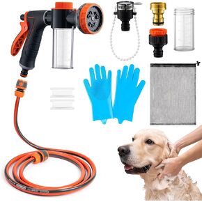 MALLMALL6 Dog Washing Hose attachment with Pet Grooming Glove & 2 Soap Dispenser, 10-in-1 Spray Modes Foam Nozzle Sprayer with 8.2Ft Pup Washer Hose for Showering Pets Car Wash Watering Flowers