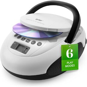 Tyler Portable CD Player Boombox with FM Radio, Bluetooth, and USB Port | Clear Stereo Sound | CD-R/RW and MP3 CDs Compatible | 3.5mm Aux Input and Headphone Jack | TAU107 - White