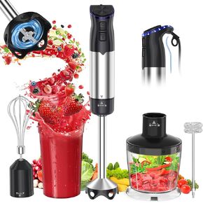 Electric Immersion Blender Handheld 1200W, 5-in-1 Hand Blender Mixer for Kitchen with 20-Speed & Turbo Boost, 600ml Chopper, 800ml Beaker, Whisk and Milk Frother for Soup, Smoothie, Puree, Baby Food